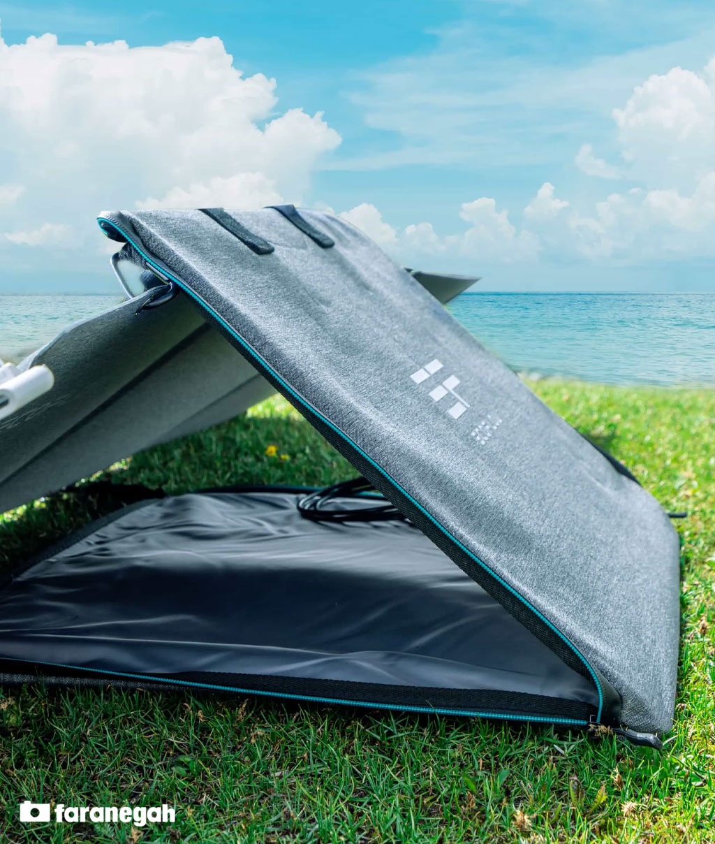 اسفاده از کیف مخصوص پنل خورشیدی پرتابل اکوفلو EcoFlow 110W Portable Solar Panel به عنوان پایه